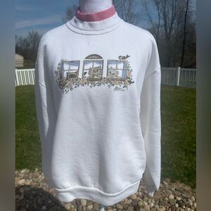 Vintage 90s y2k Morning Sun cats window bird double collar crewneck sweatshirt M